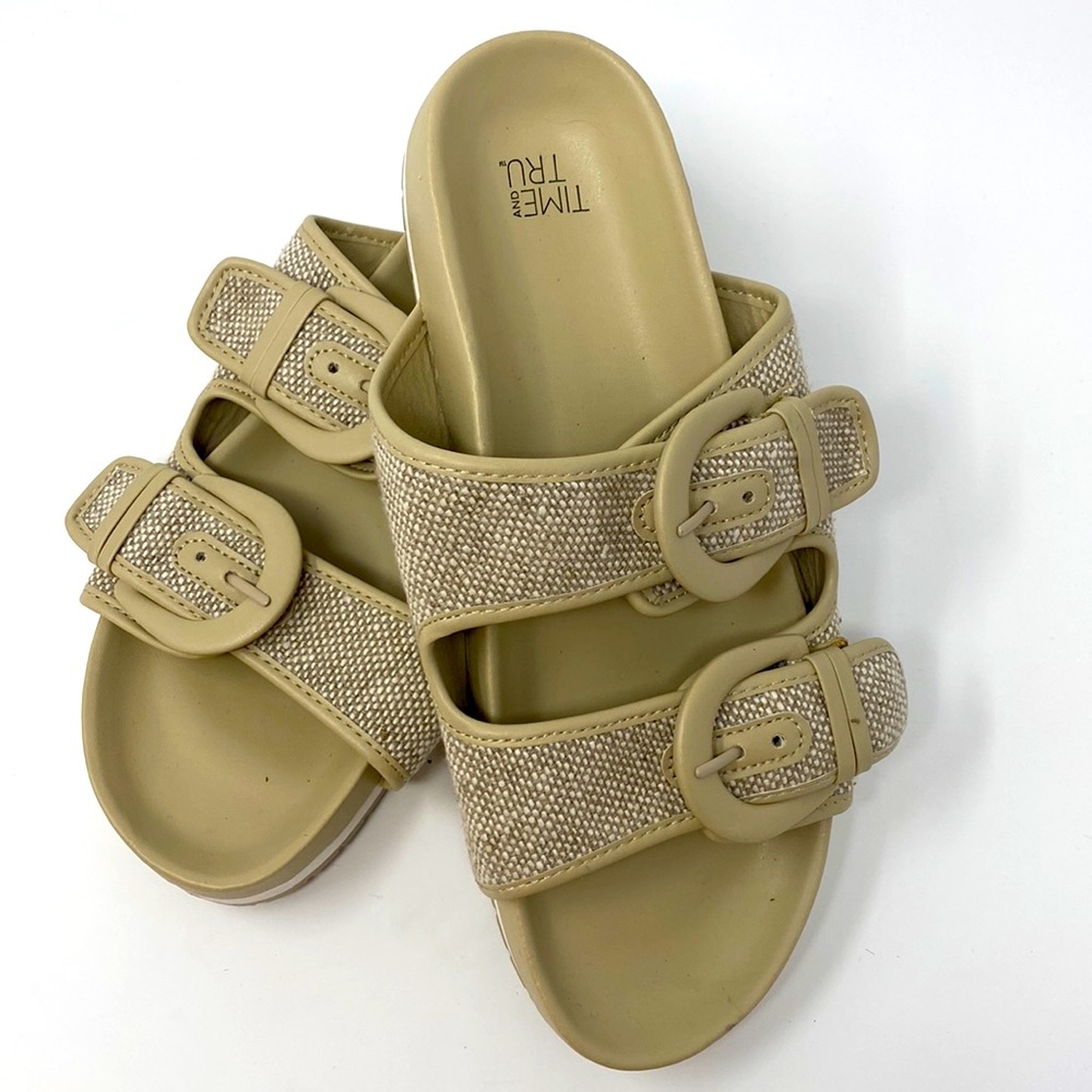 Time & Tru Tan Tweed Adjustable Double Strap Buckle Slip On Sandals Size 7